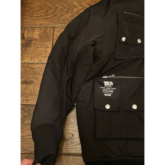 The Kooples Sport Logo Faux Down Fur Hooded Bomber Jacket Puffer Black Coat 2 M - Picture 7 of 14